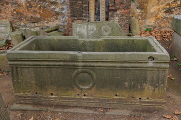 Old plaster sculptures and bas-reliefs, wall texture and patterns. Elements of architectural decorations of buildings. On the streets in Istanbul, public places.