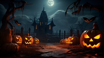 Fototapeta na wymiar halloween scene with carved pumpkins and a full moon