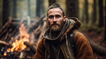 portrait of a man in the woods, bushcrafting