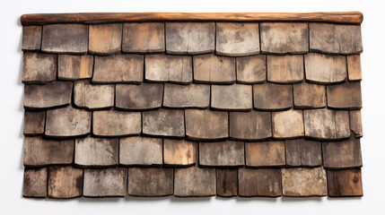 An isolated reproducing of an aged wooden roof tile design on a stark white surface. - obrazy, fototapety, plakaty