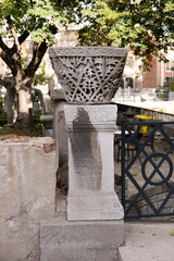 Old plaster sculptures and bas-reliefs, wall texture and patterns. Elements of architectural decorations of buildings. On the streets in Istanbul, public places.