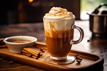 Morning delight: A freshly brewed caramel macchiato with whipped cream and caramel topping on a vintage wooden table - obrazy, fototapety, plakaty