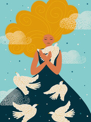 Mental health concept. Woman with white birds in the clouds. 