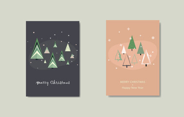 Christmas and New Year greeting cards, Christmas trees in geometric style.