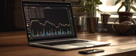 A sleek silver laptop on an oak desk, displaying a cryptocurrency chart.