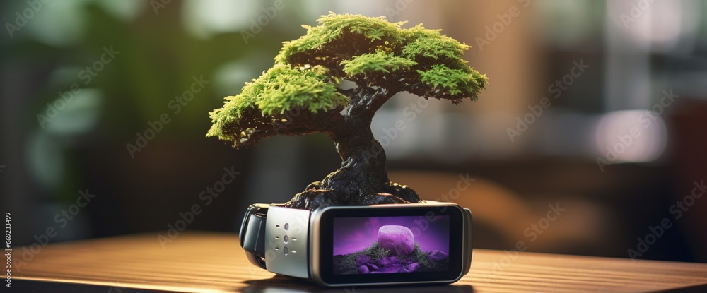 Poster a smartwatch displaying health metrics next to a bonsai tree.
