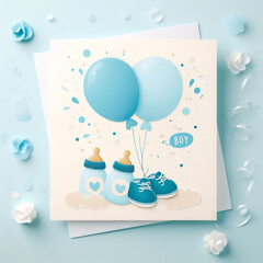 Birth card in pastel colors, ballons, small shoes and feeding bottle, baby boy