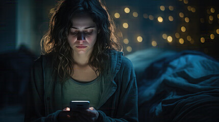 Sad Exhausted Young Woman In her Bed Staring At Smartphone Screen, can't Sleep. Life Apathy. - obrazy, fototapety, plakaty