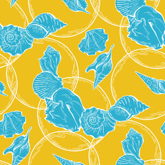 Sea shell decorative seamless abstract pattern. Summer beach holiday, ocean scuba diving and snorkeling theme for textile print, fabric design, wallpaper, background, wrapping paper, trendy fashion.
