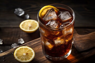 Summer's delight: A chilled glass of cola with ice and lemon on a sunlit wooden table - obrazy, fototapety, plakaty