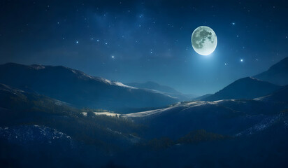 Naklejka na ściany i meble Fantasy landscape with mountains and moon in the night sky
