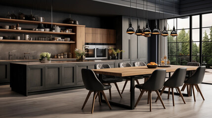 Modern dark colored kitchen with a dining table