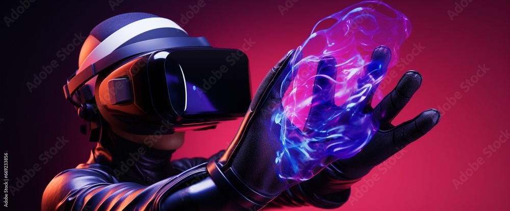Poster a virtual reality headset next to motion-sensing gloves against a gradient backdrop.