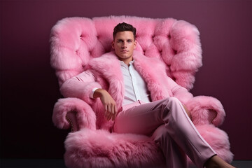 fashionable stylish man in a pink elegant suit on a pink fur chair. fashion concept, blogger content. 