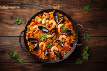Traditional Spanish seafood paella with rice, mussels, shrimps in a pan on wooden background