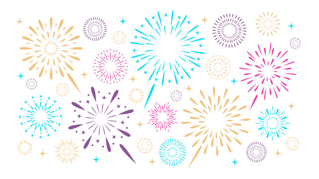 Colorful exploding festival fireworks set, Isolated on white background. Flat cartoon style. Design concept for holiday banner, poster, flyer, greeting card, decorative elements 