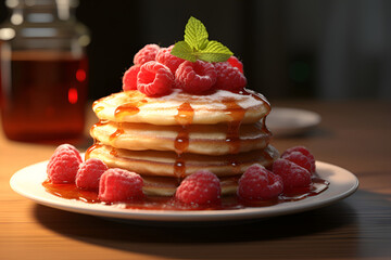 Pancakes with raspberries on a white plate