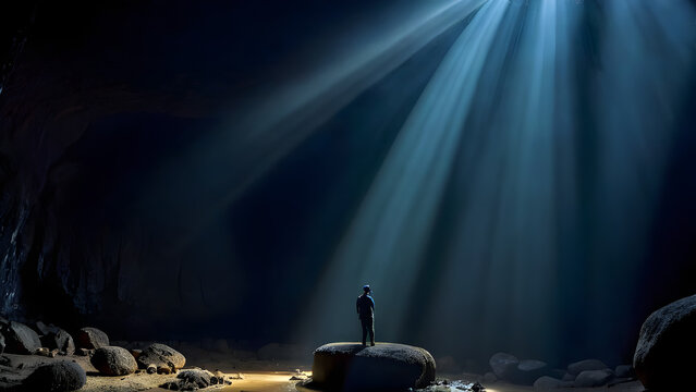 Uma imagem de uma pessoa emergindo de uma caverna escura em direção à luz, simbolizando a jornada de superar a depressão 