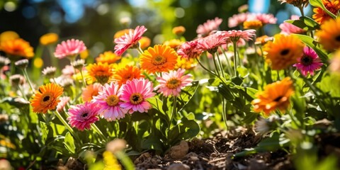 Colorful flowers blooming in the garden on a sunny day.