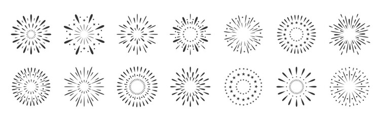 Exploding festival fireworks set, Isolated on white background. Flat style. Design concept for holiday banner, poster, flyer, greeting card, decorative elements  - obrazy, fototapety, plakaty