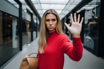 Portrait of a woman with her hand raised, offering to stop. Domestic violence and harassment of women, or violations of women's rights