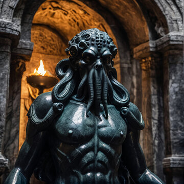 Picture shows a statue of a man with tentacles around his head. The statue is made in dark colors, which creates a feeling of danger and sinisterness.