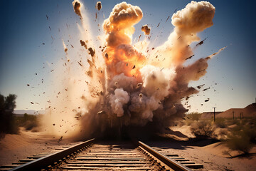 train robbers create an explosion to stop train in the desert - obrazy, fototapety, plakaty