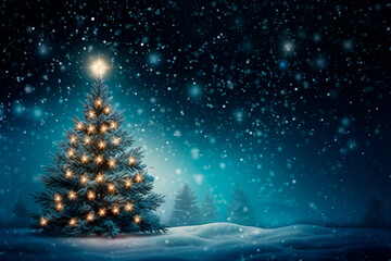 A majestic Christmas tree stands illuminated amidst a serene winter landscape. Its twinkling lights glow against the blue-hued snowy expanse, casting a warm ambiance.