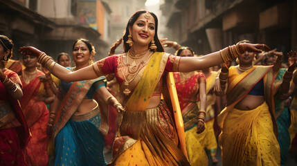 Beautiful Indian women dancing on the streets in traditional dresses