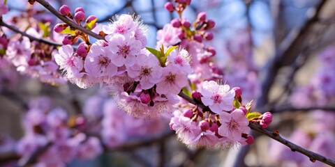 Cherry blossom in spring, close up of beautiful pink flowers