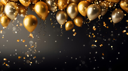 Fototapeta na wymiar Celebration background with confetti and gold balloons to the top