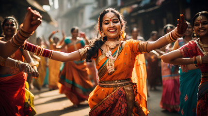 Charming Indian women dancing on the streets in traditional dresses - obrazy, fototapety, plakaty