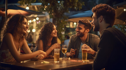 Cheerful friends holding beer glasses at a pub. Young Group of people enjoying at a bar table in the evening - Powered by Adobe