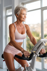 Fototapeta premium Elderly woman exercising on an exercise bike, joyful senior woman, Healthy Active Lifestyle. Generated by AI.