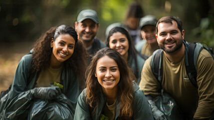 A group of young and diverse volunteer workers group enjoy charitable social work outdoors in cleaning up garbage.