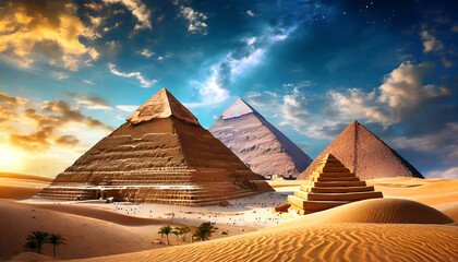 egyptian pyramids on the background of the desert sands created with the help of artificial...