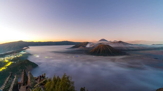 Time lapse of Mount Bromo volcano (Gunung Bromo) before sunrise in Bromo Tengger Semeru National Park, East Java, Indonesia.