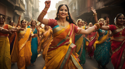 Happy Indian women dancing on the streets in traditional dresses - obrazy, fototapety, plakaty
