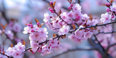 Fototapeta premium Cherry blossom in spring, close up of beautiful pink flowers