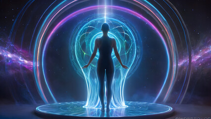 simbolizando a jornada de superar a depressão, em um espaço sideral com uma luz brilhante no centro, no estilo de simetria digital, energia animada, água hiper-realista, santuário