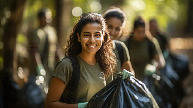 A group of young and diverse volunteer workers group enjoy charitable social work outdoors in cleaning up garbage.