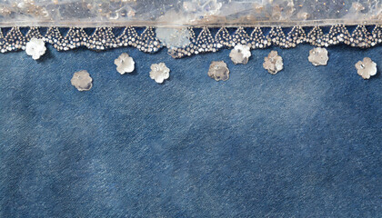 abstract blue denim background with silver sequins and lace