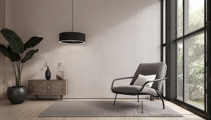 modern living room with textured empty wall in neutral tones japandi interior design with black minimalist lamp gray armchair and plant