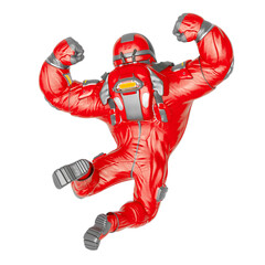 astronaut cartoon is doing a happy smash jump in rear view