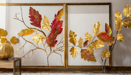 luxury interior wall art fall branches with colorful and gold leaves