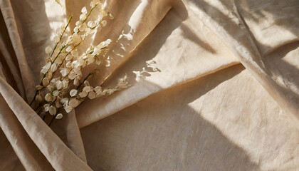 aesthetic boho wedding textile background draped neutral beige linen fabric texture with absrtact...
