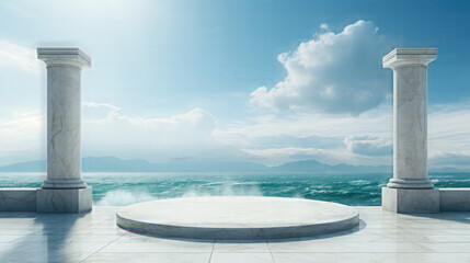 White Marble Podium With Ocean Sky Background for product presentation. 