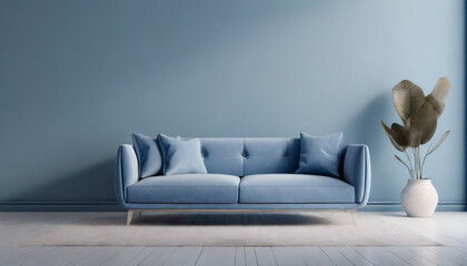 Fototapeta na wymiar dusty blue sofa near the empty wall modern monochrome interior for mockup wall art promotion background with copyspace