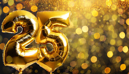 banner with number 25 golden balloons with copy space twenty five years anniversary celebration...