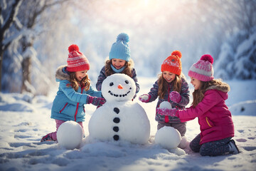 Joyful children making a snowman on a frosty sunny day - obrazy, fototapety, plakaty